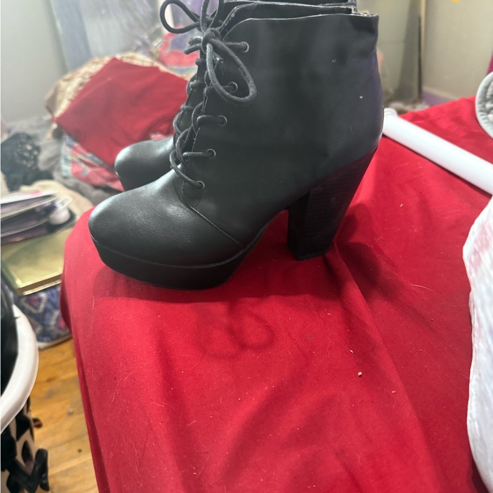 Candie's Black Lace Up Boots with Chunky Heel